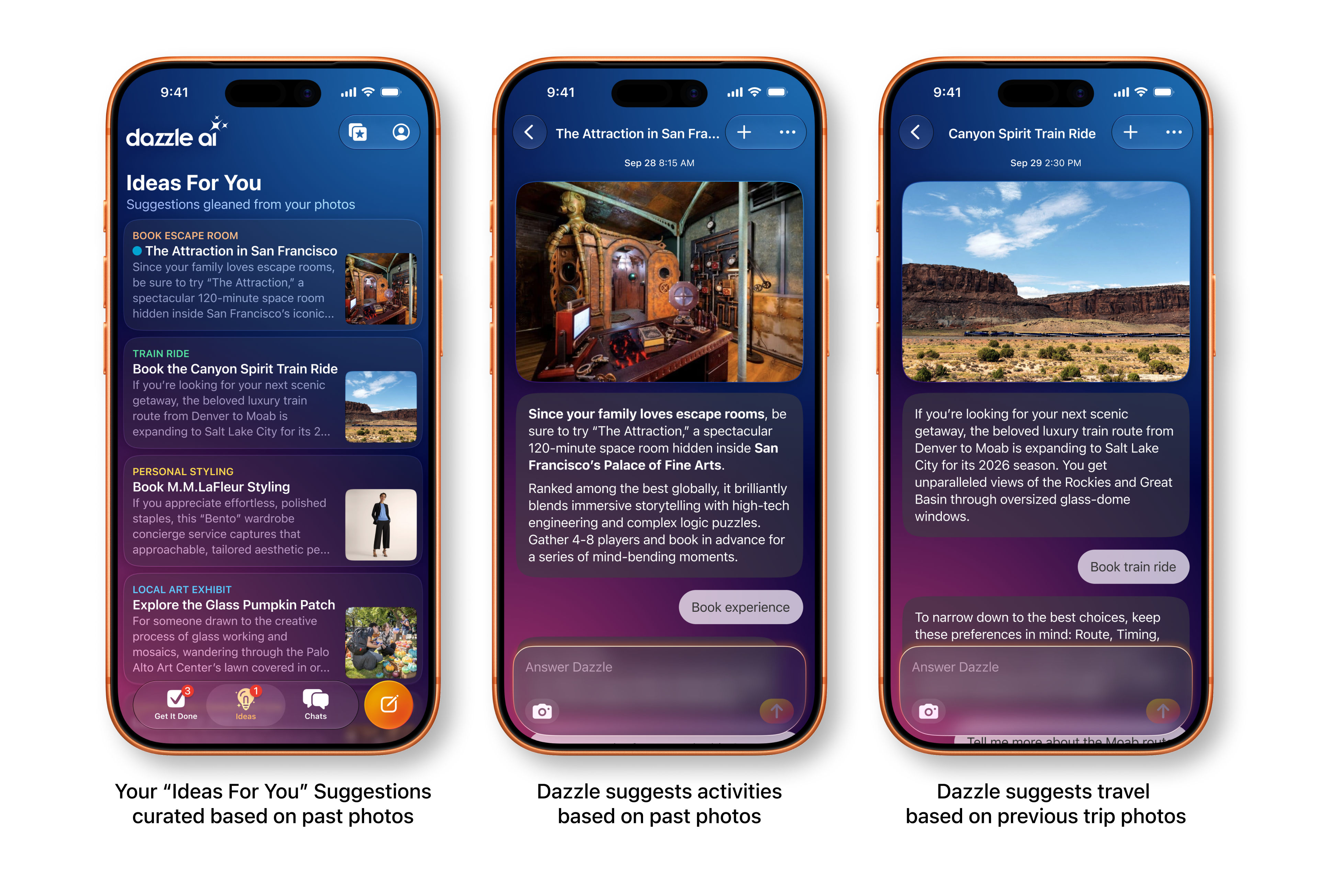 Dazzle suggests activities and travel based on past photos.