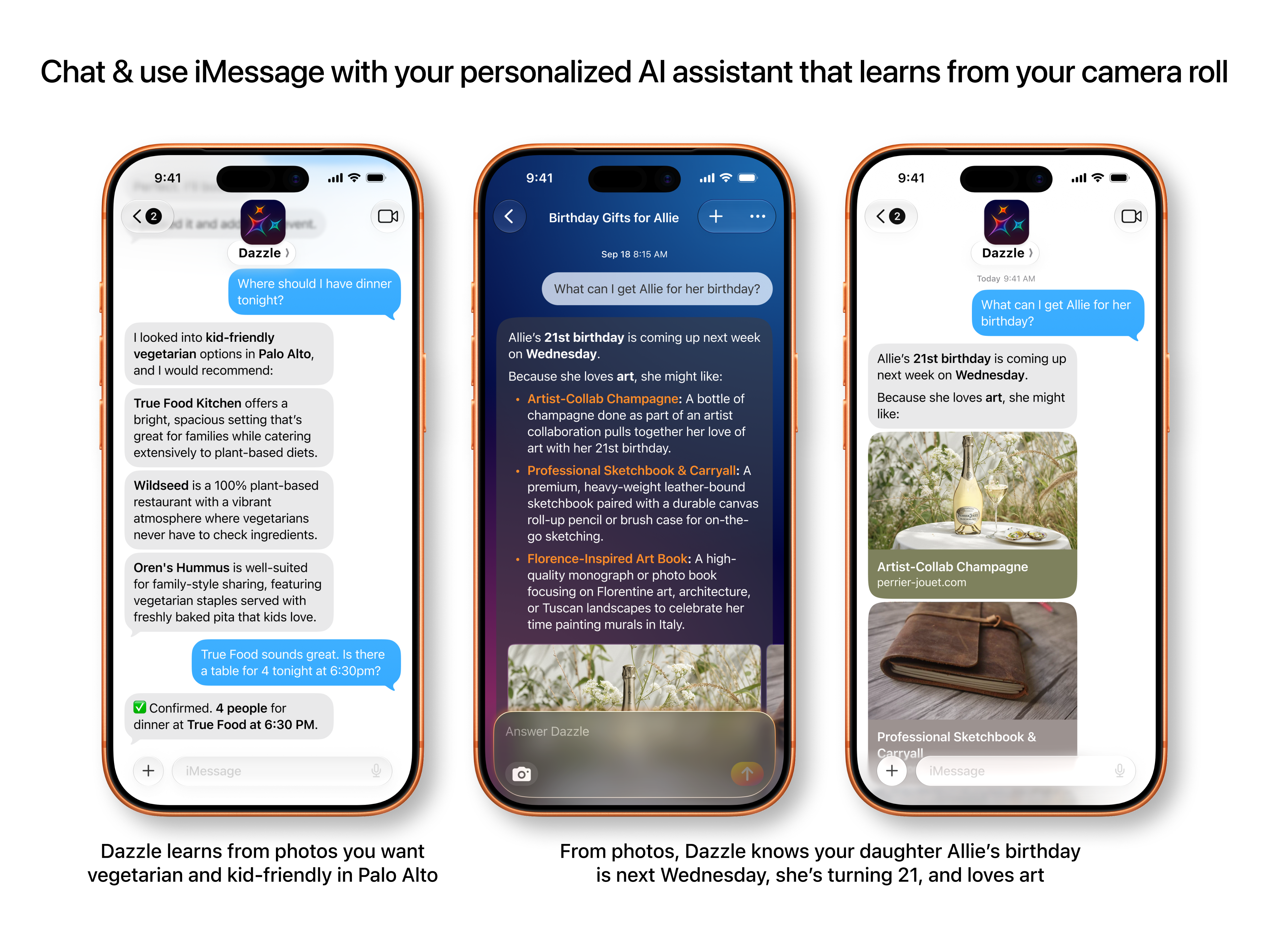 Personalized restaurant and birthday gift suggestions in Dazzle chat and iMessage.