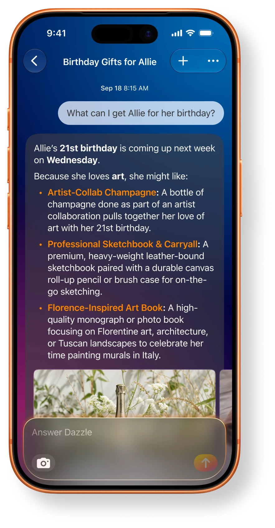 Dazzle chat suggesting birthday gifts for Allie