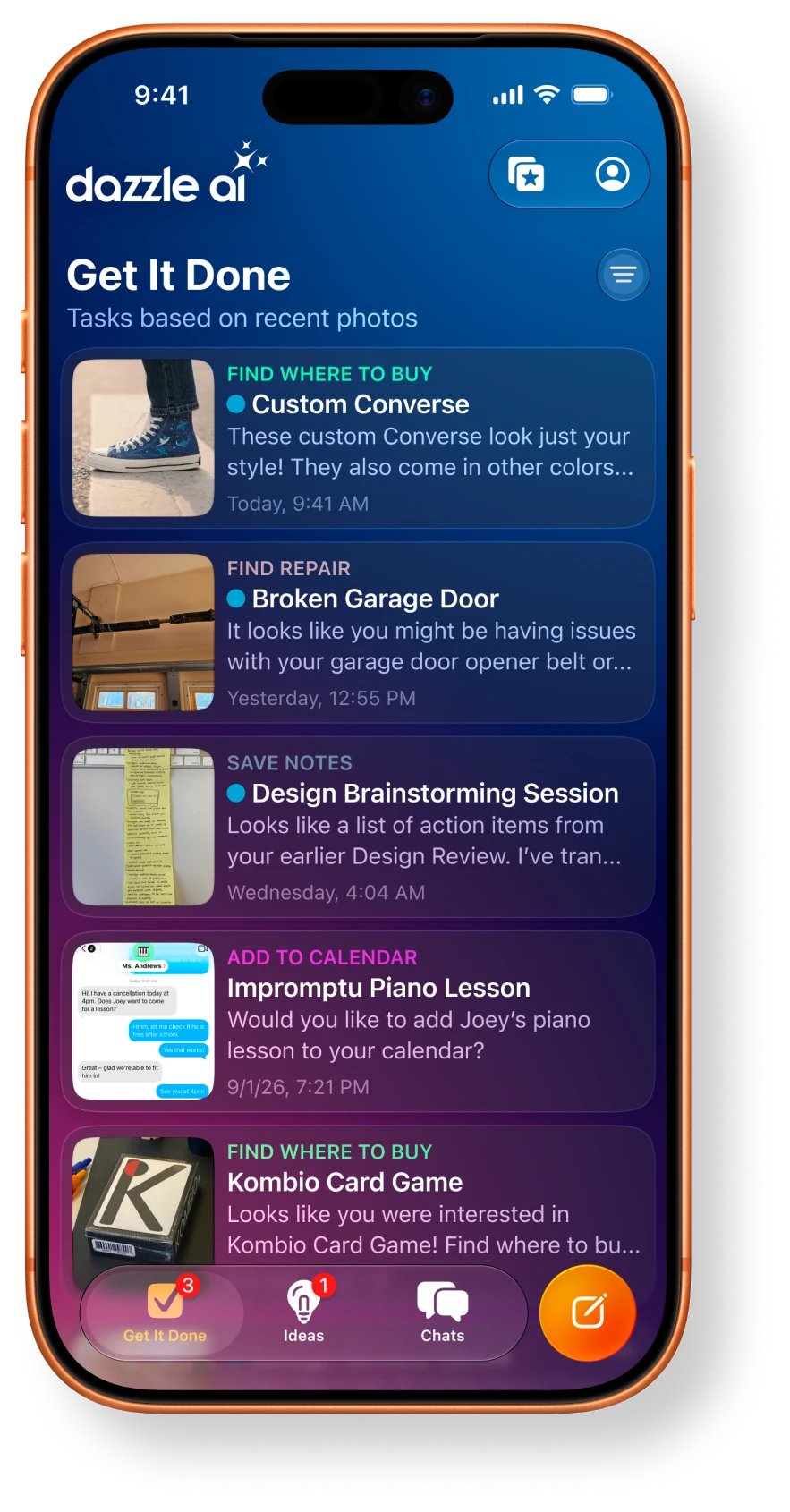Dazzle Get It Done list with tasks based on recent photos