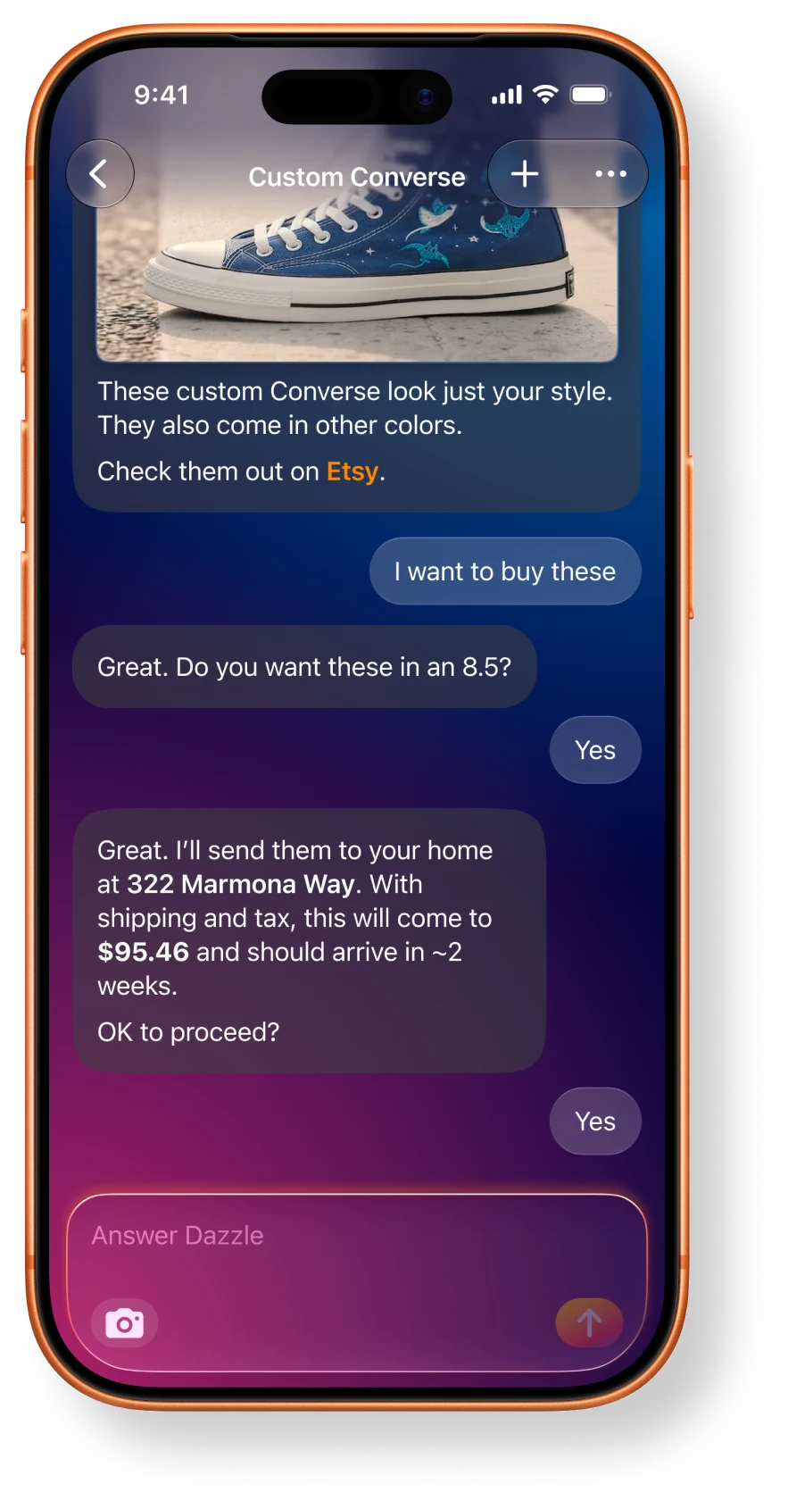 Dazzle chat helping buy custom Converse shoes
