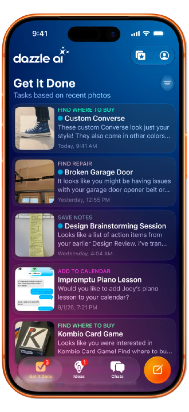 Dazzle Get It Done list with tasks based on recent photos